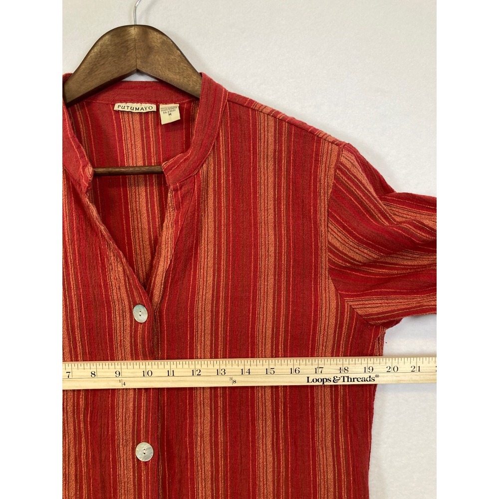 Vtg PUTUMAYO‎ Striped Mandarin Collar 3/4 Sleeve Cotton Button Up Tunic Top M - Picture 6 of 8
